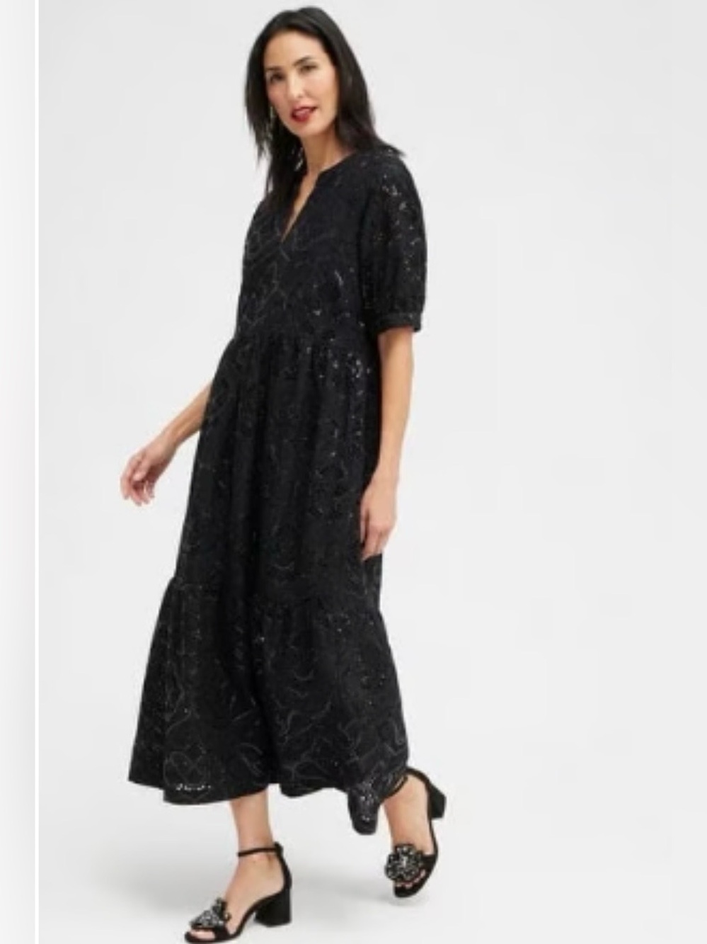NEW Chicos Black Tiered Embellished Sequin Eyelet Midi Dress Size 4 NWT